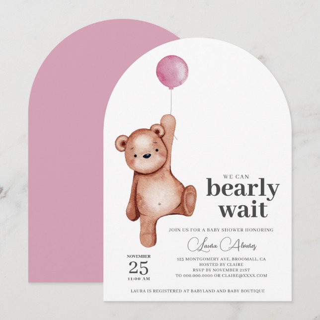 Inbjudan till nalle Girl Baby Shower (Fram/baksida)