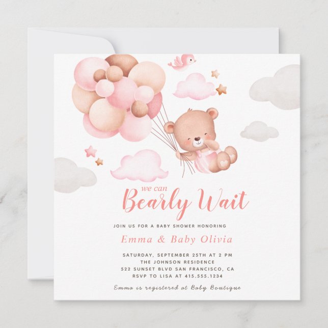 Inbjudan till nalle Girl Baby Shower (Framsida)