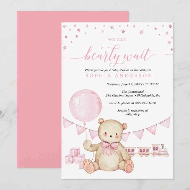 Inbjudan till nalle Girl Baby Shower (Fram/baksida)