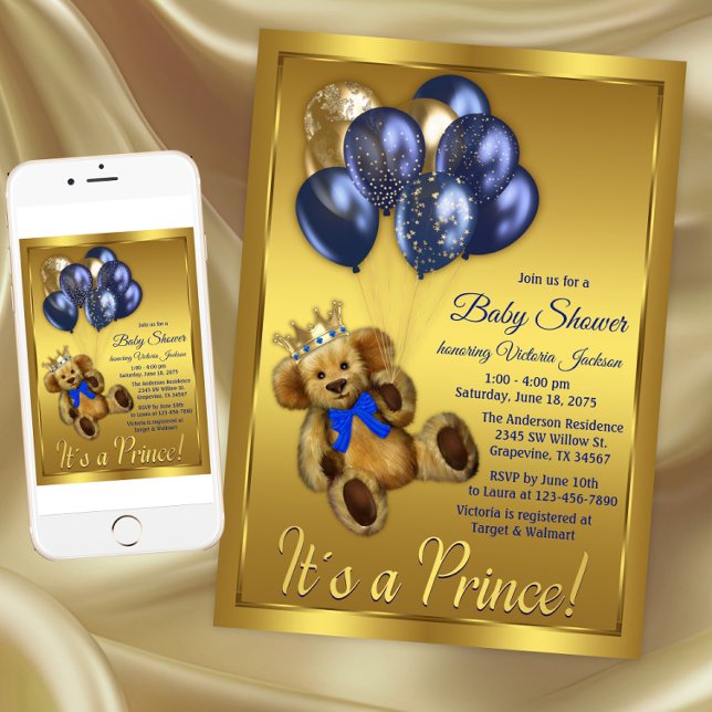 Inbjudan till nalle Prince Baby Shower (Boy Teddy Bear Baby Shower Invitation. Instant download and printed invitations available.)