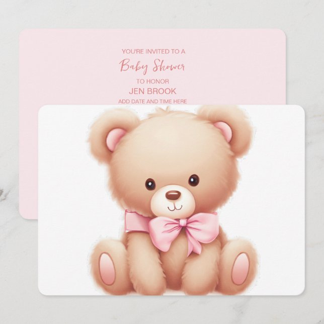 Inbjudan till nalle Rosa Baby Shower (Fram/baksida)