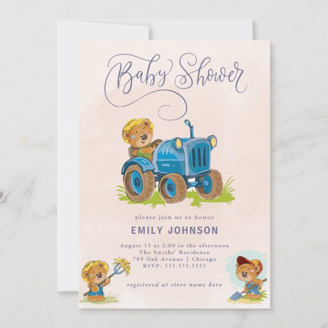 Inbjudan till nalle Tractor Baby Shower (Framsida)