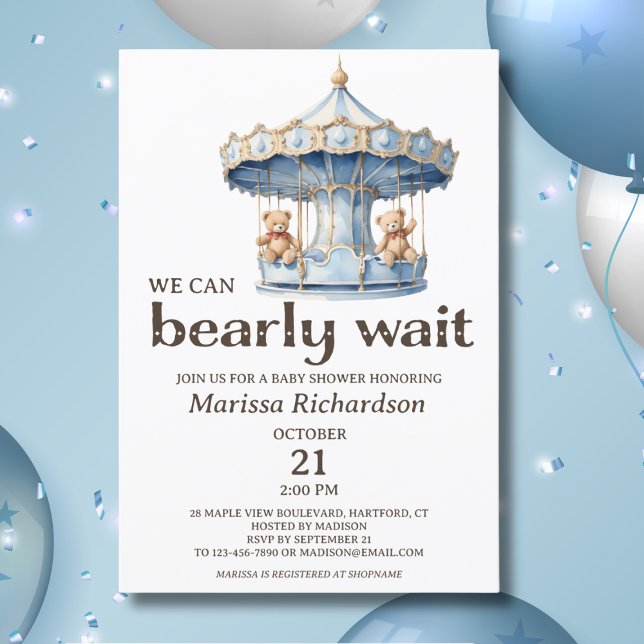 Inbjudan till nalle Twin Boys Baby Shower (blue teddy bear we can bearly wait twin boys baby shower invitation, custom baby shower invites)