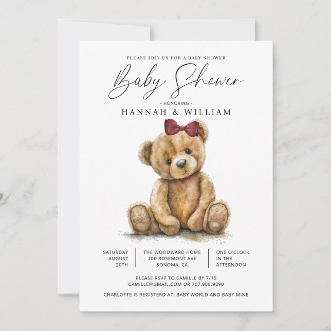 Inbjudan till nalle Watercolor Girl Baby Shower (Framsida)