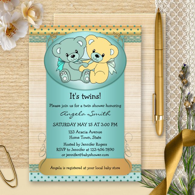 Inbjudan till Nallen Mint Guld Twin Baby Shower (Cute baby shower invitation for twins, featuring two teddy bears on burlap)