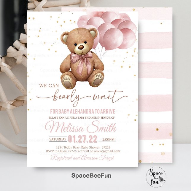 Inbjudan till nallens babyvisningsprogram kan skic (teddy bear,baby shower invitation,we can bearly wait,teddyy bear girl linvites,bear hot air balloon,)