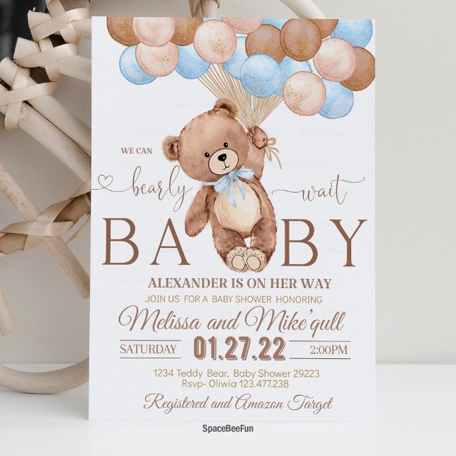 Inbjudan till nallens babyvisningsprogram kan vara (teddy bear invites,baby shower invitation,we can bearly wait,teddy bear boy,hot air balloon bear the)