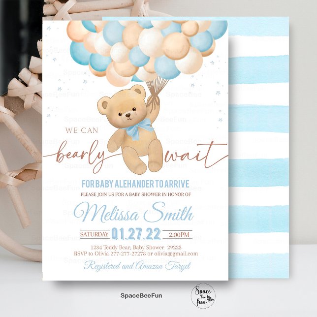 Inbjudan till nallens babyvisningsprogram kan vara (Teddy Bear invites,Baby Shower,Invitation,We Can Bearly,Wait Boy, hot air balloon,Bear Theme,Baby Sh)