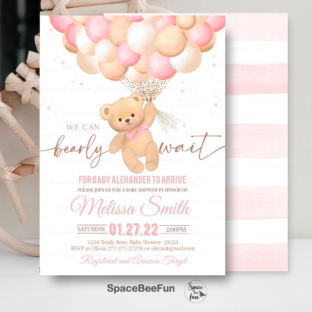 Inbjudan till nallens babyvisningsprogram kan vara (Teddy Bear,Baby Shower,Invitation,We Can Bearly,Wait girl,hot air balloon,Bear Theme,Baby Shower inv)