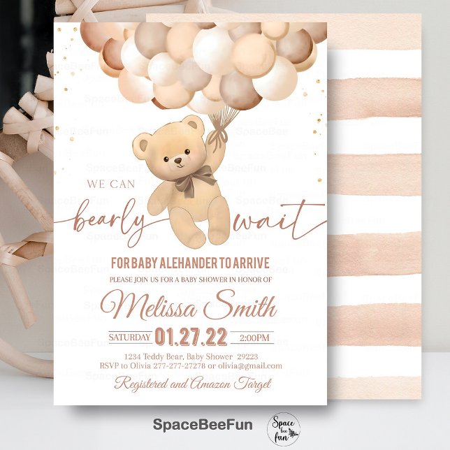 Inbjudan till nallens babyvisningsprogram kan vara (eddy Bear,Baby Shower,Invitation,We Can Bearly,Wait girl,hot air balloon,Bear Theme,Baby Shower invi)
