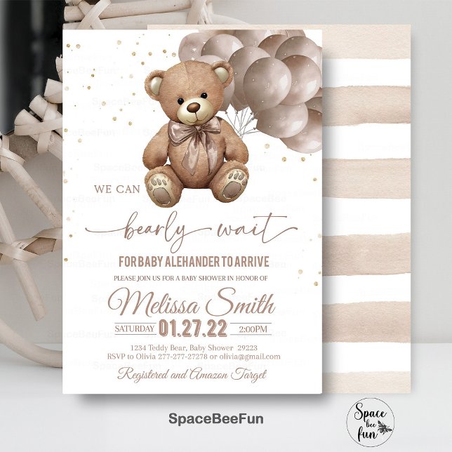 Inbjudan till nallens babyvisningsprogram kan vara (Teddy Bear,Baby Shower,Invitation,We Can Bearly Wait,Boy invites,hot air balloon,save she date,Bear )