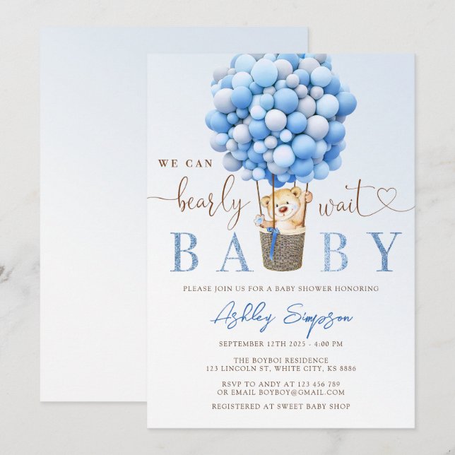 Inbjudan till nallens Blue Balloon Baby Shower (Fram/baksida)