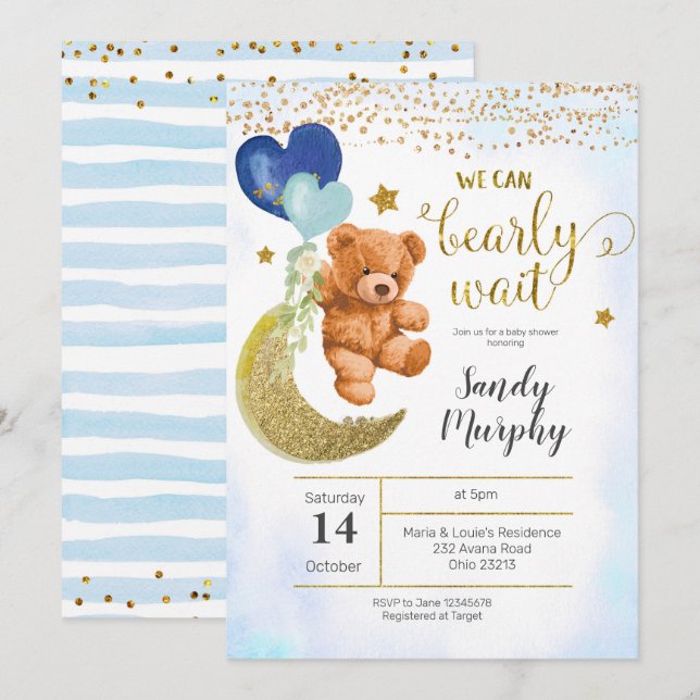Inbjudan till nallens Blue Balloon Baby Shower (Fram/baksida)