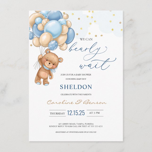 Inbjudan till nallens Blue Balloons Baby Shower (Framsida)