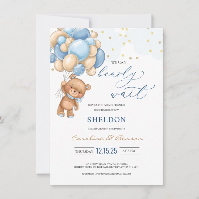 Inbjudan till nallens Blue Balloons Baby Shower (Framsida)