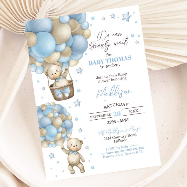 Inbjudan till nallens Luftballong för babyskor (Teddy Bear Hot Air Balloon Baby Shower Invitation Boy)