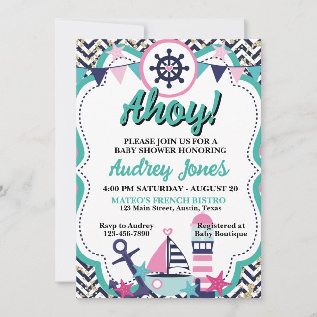 Inbjudan till Nautical Ahoy Baby Shower (Framsida)