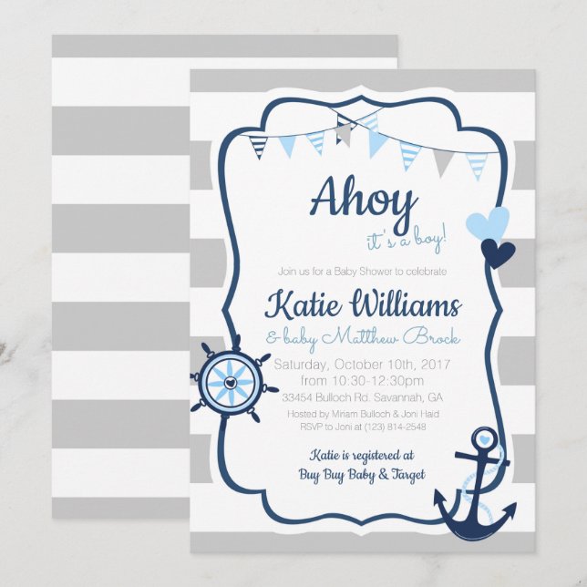 Inbjudan till Nautical Anchor Blue Boy Baby Shower (Fram/baksida)