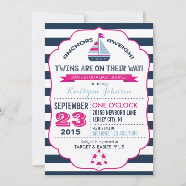 Inbjudan till Nautical Anchor och Rand Baby Shower (Framsida)