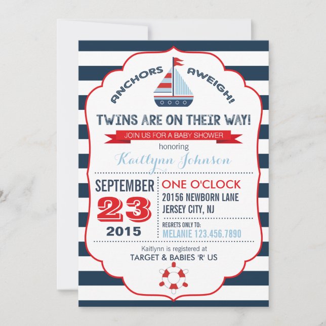 Inbjudan till Nautical Anchor och Rand Baby Shower (Framsida)