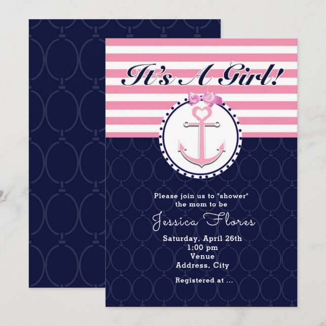 Inbjudan till Nautical Anchor Rosa & Blue Baby Sho (Fram/baksida)