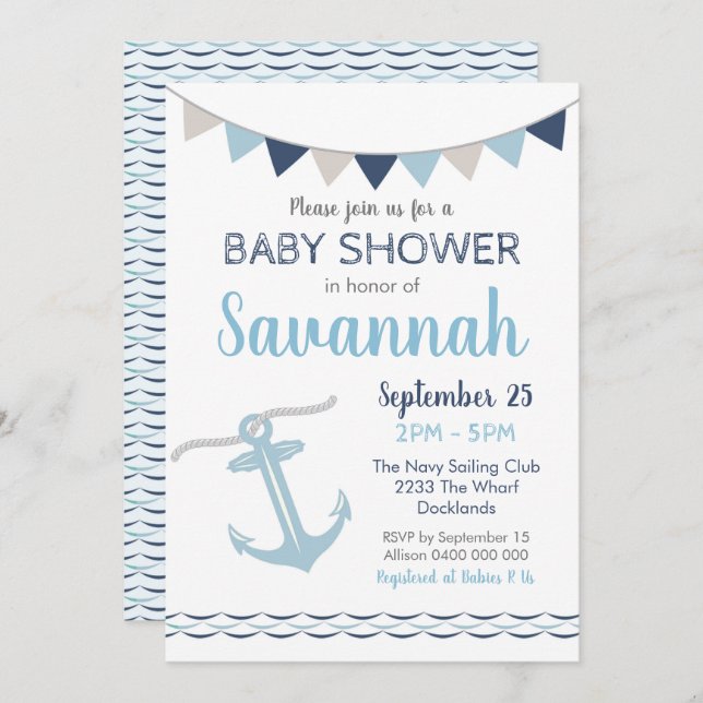 Inbjudan till Nautical Baby Shower (Fram/baksida)