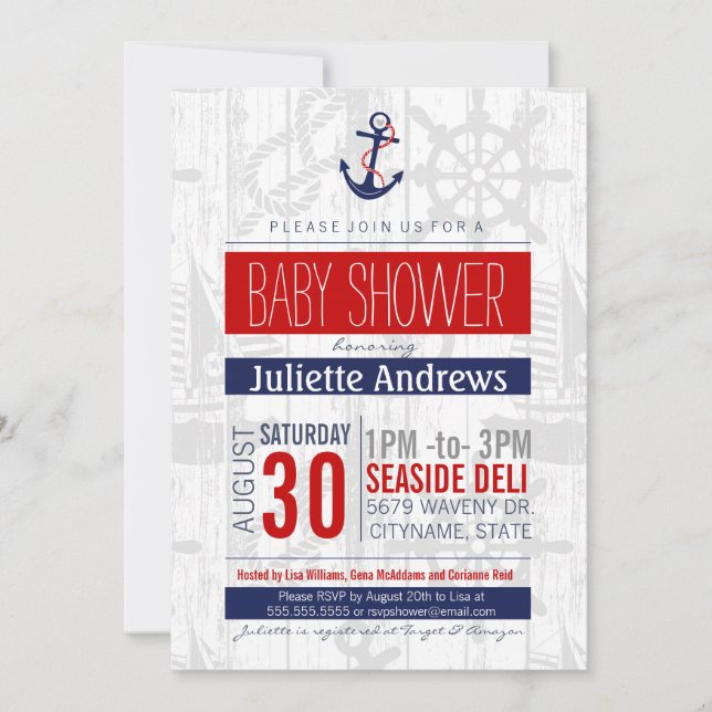 Inbjudan till Nautical Baby Shower, Boy Blue Red A (Framsida)
