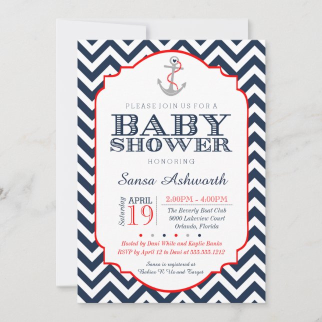 Inbjudan till Nautical Baby Shower, Chevron Red na (Framsida)