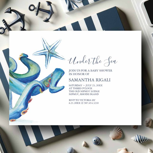 Inbjudan till Nautical Baby Shower för Boy (Nautical baby shower invitations watercolor blue octopus and starfish under the sea theme)