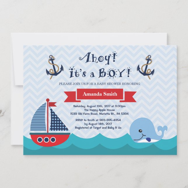 Inbjudan till Nautical Baby Shower Navy Red and Bl (Framsida)