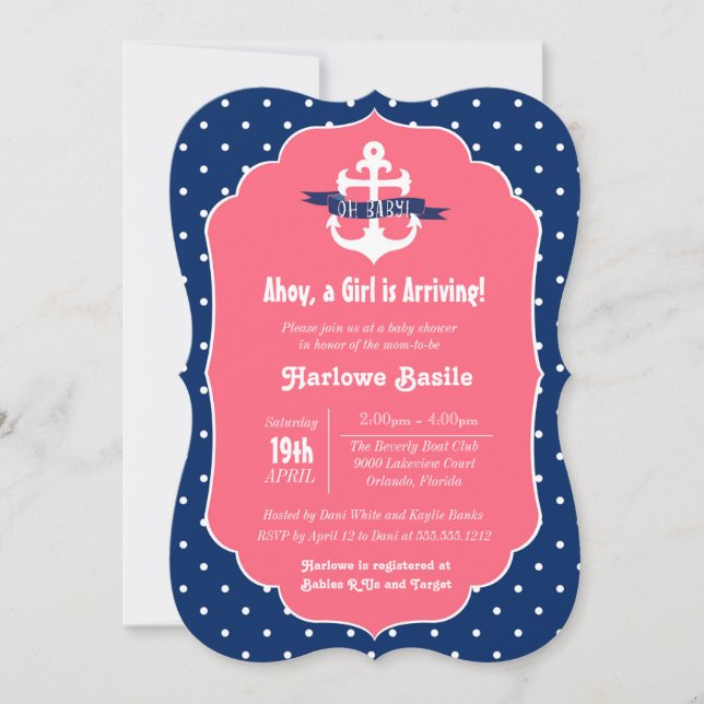 Inbjudan till Nautical Baby Shower, Rosa Blue Girl (Framsida)