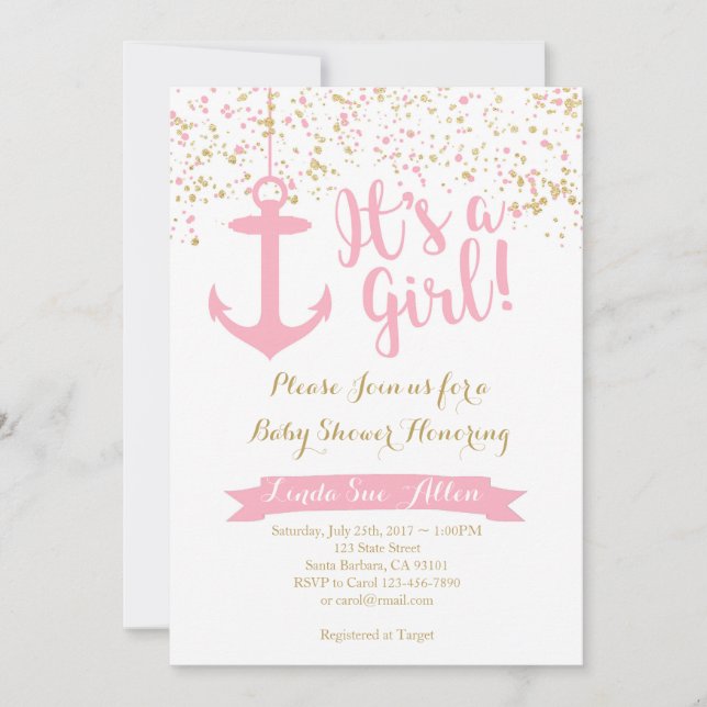 Inbjudan till Nautical Baby Shower - Rosa och Guld (Framsida)