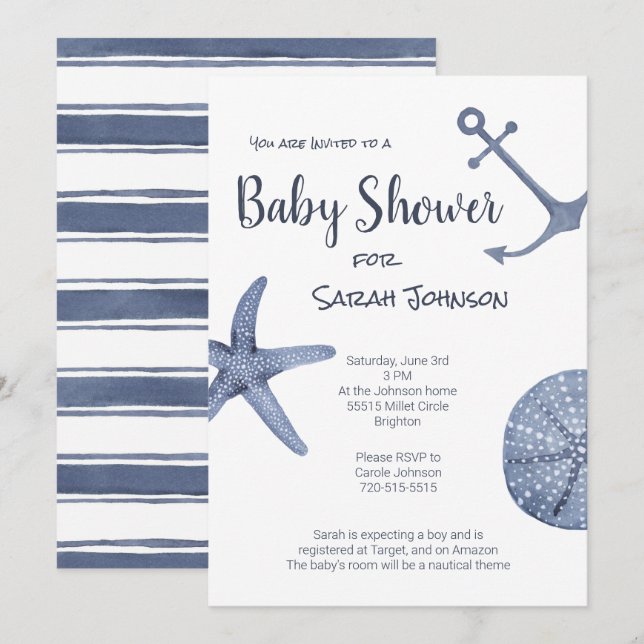 Inbjudan till Nautical Blue Baby Shower (Fram/baksida)