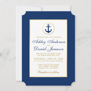 Inbjudan till Nautical Bröllop Blue Anchor Guld W