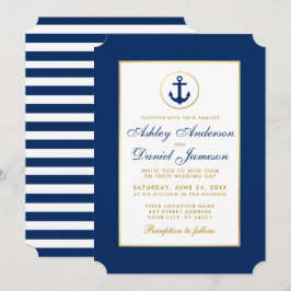 Inbjudan till Nautical Bröllop Blue Stripe Guld