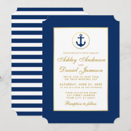Inbjudan till Nautical Bröllop Blue Stripe Guld G