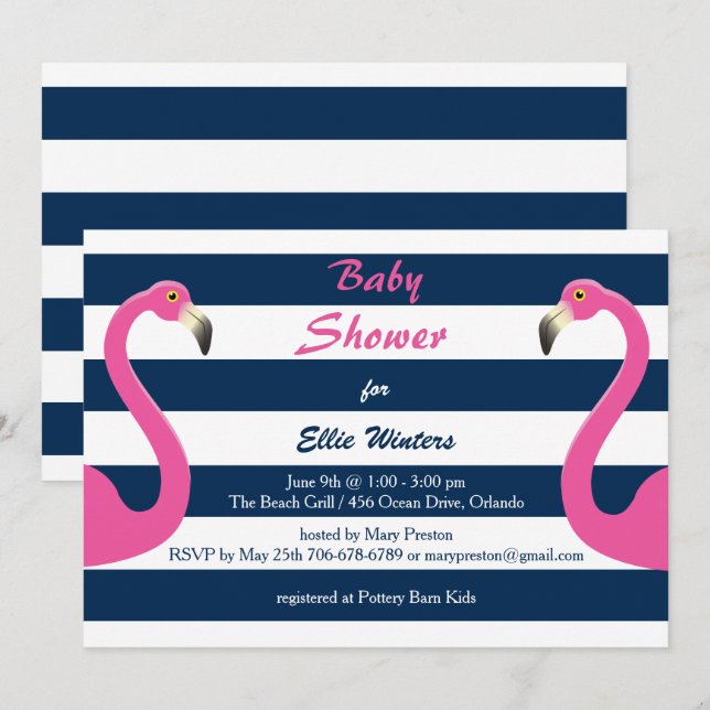 Inbjudan till Nautical Flamingo Baby Shower (Fram/baksida)