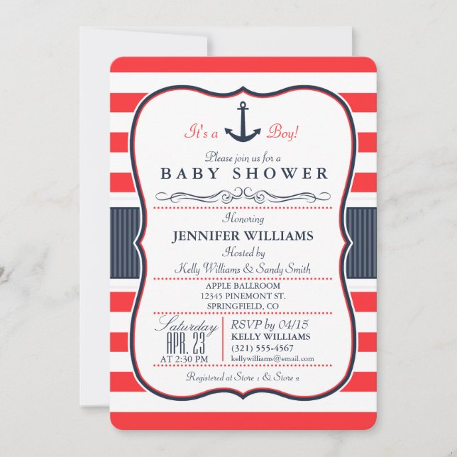 Inbjudan till Nautical Navy Blue and Red Baby Show (Framsida)