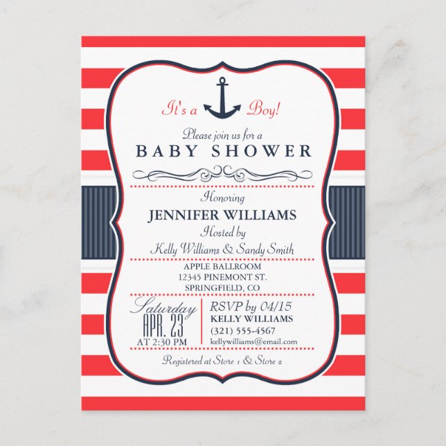 Inbjudan till Nautical Navy Blue and Red Baby Show (Framsida)
