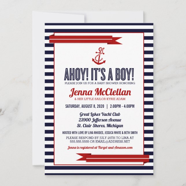 Inbjudan till Nautical Rand & Anchor Baby Shower (Framsida)