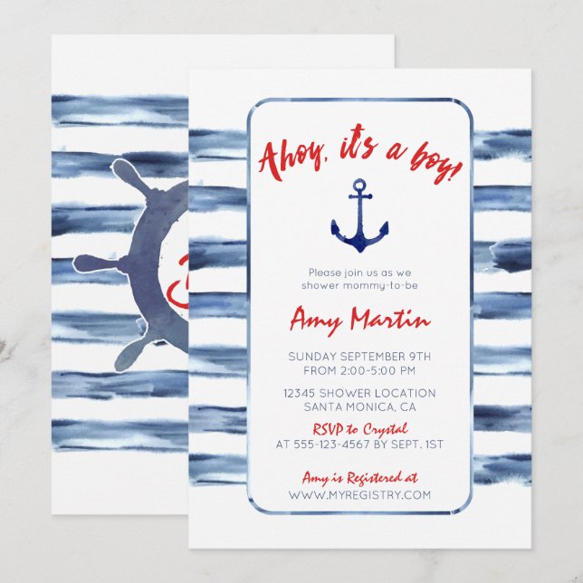 Inbjudan till Nautical, Watercolor Baby Shower (Fram/baksida)
