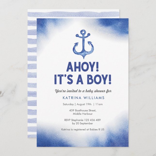 Inbjudan till Nautical Watercolor Blue Baby Shower (Fram/baksida)