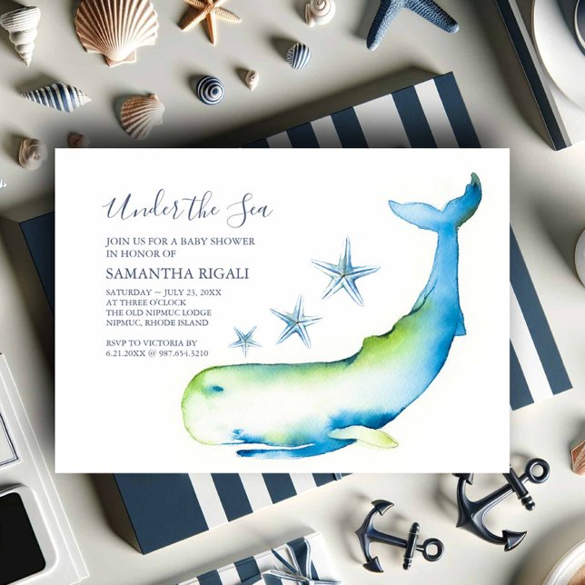 Inbjudan till Nautisk babyvisningsprogram för vatt (Nautical baby shower theme watercolor blue whale art by Victoria Grigaliunas Do Tell A Belle)