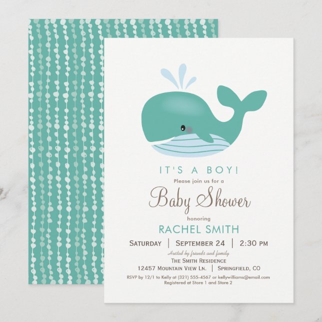 Inbjudan till Nautisk Whale Baby Shower (Fram/baksida)