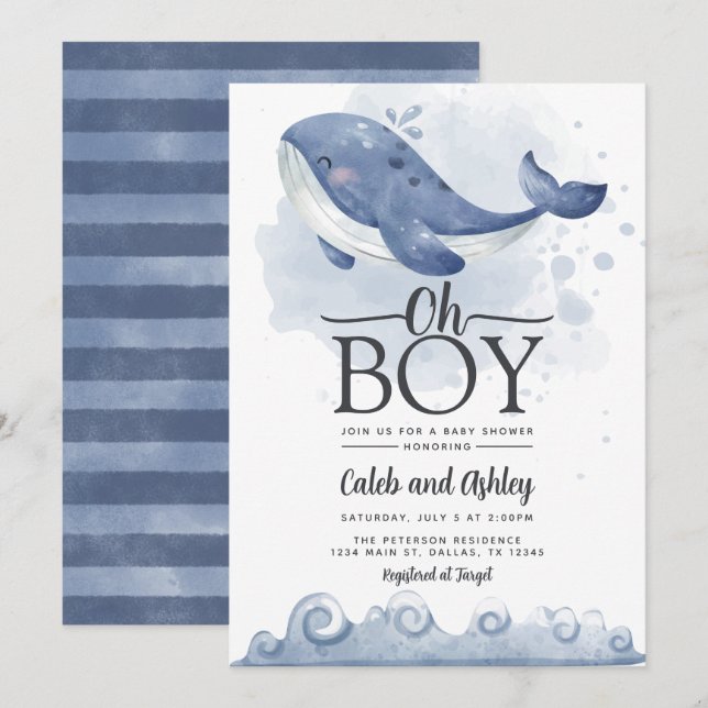 Inbjudan till Nautisk Whale Baby Shower (Fram/baksida)