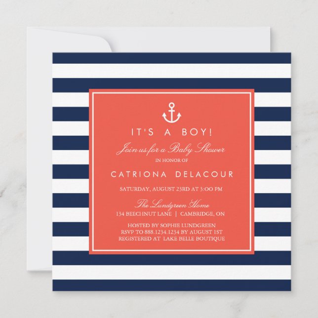 Inbjudan till Navy and Coral Nautical Baby Shower (Framsida)