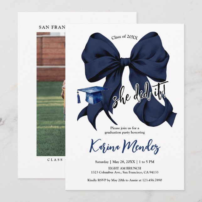 Inbjudan till Navy Blue Bow Grad Party (Fram/baksida)