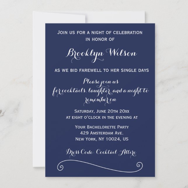 Inbjudan till Navy Blue Elegant Bachelorette Party (Framsida)