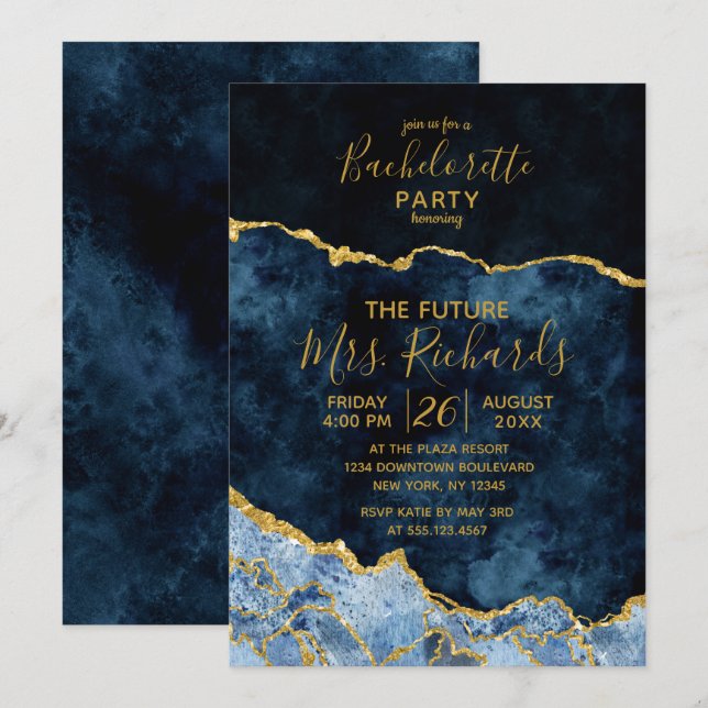 Inbjudan till Navy Blue Gold Foil Bachelorette-par (Fram/baksida)