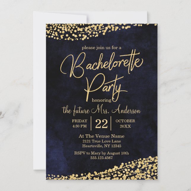 Inbjudan till Navy Blue & Guld Bachelorette Party (Framsida)